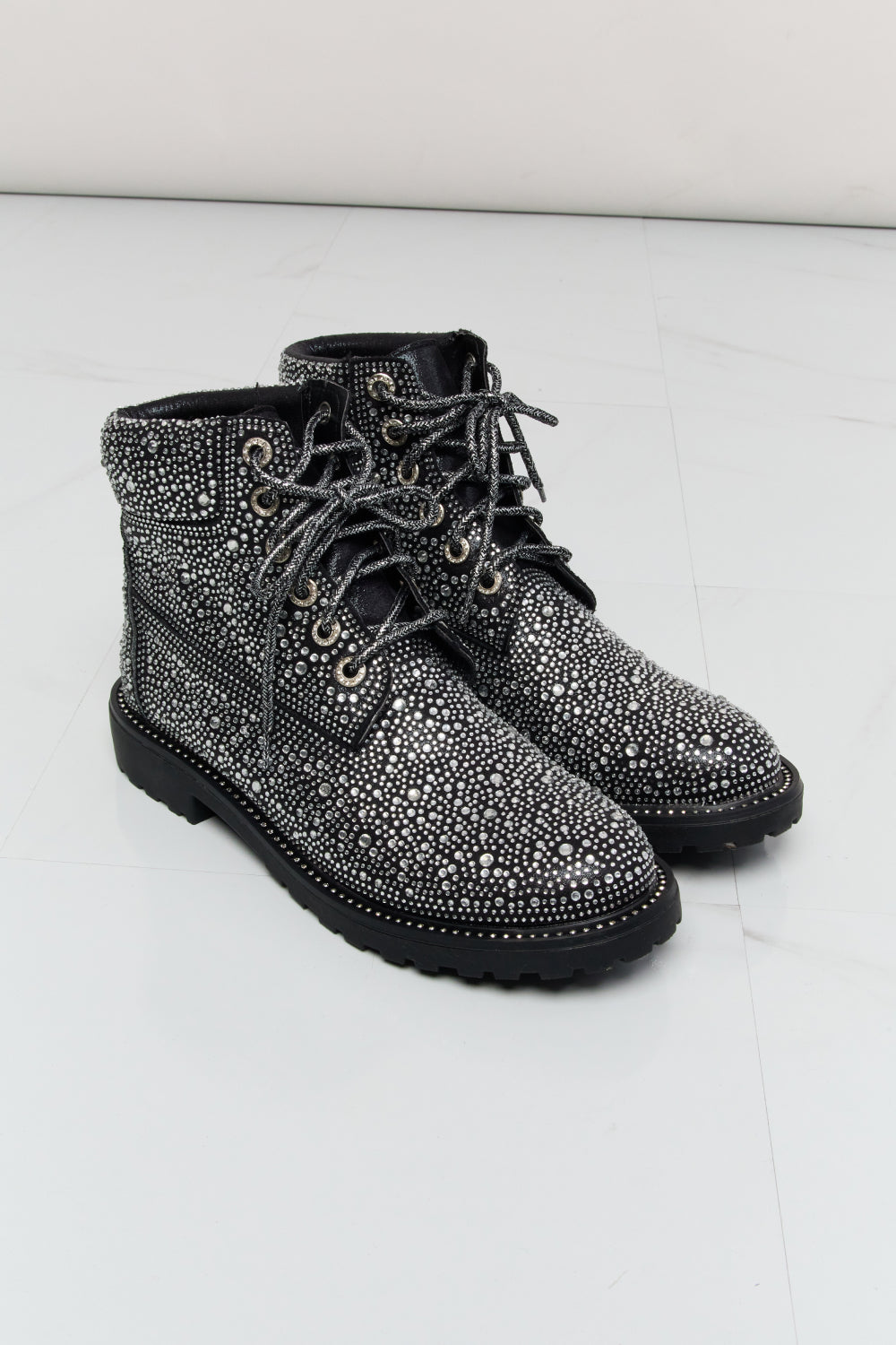 Forever Link Rhinestone Lace-Up Combat Boots - cas7m