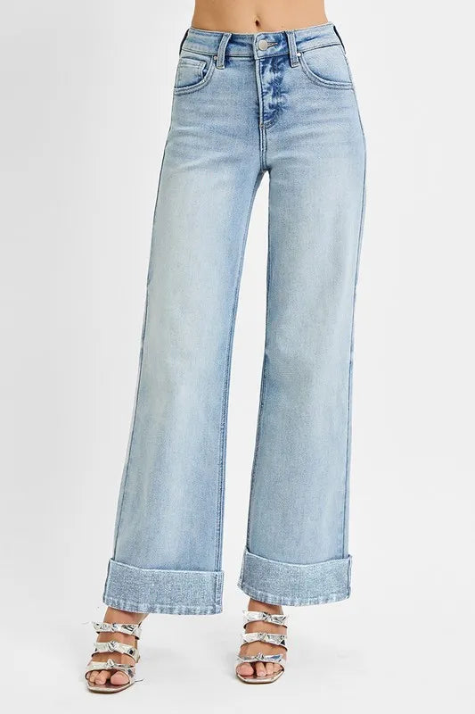 RISEN Full Size Tummy Control High Rise Ankle Wide Cuffed Jeans Plus Size - cas7m