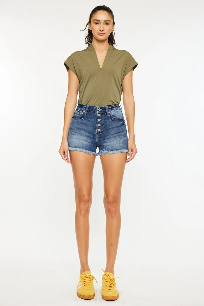 Kancan High Rise Frayed Hem Denim Shorts - cas7m