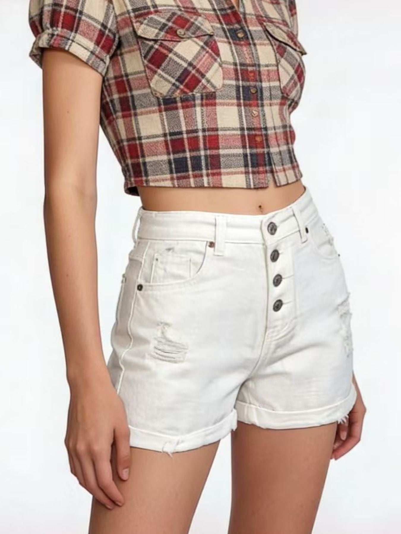 High-Waisted Button-Fly Distressed Denim Shorts - cas7m