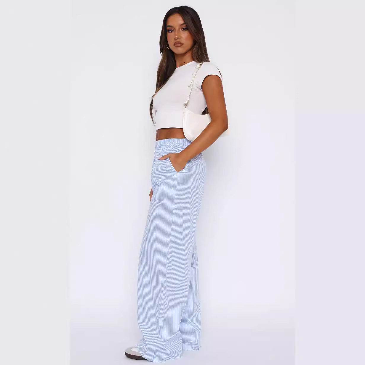 Fashion Y2K Striped Straight Trousers Summer Elastic High Waist Wide Leg Pants For Women - cas7m