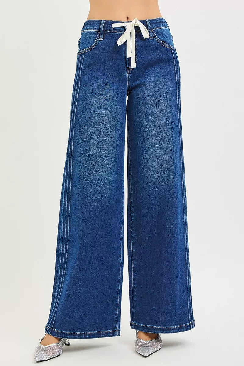 RISEN Full Size Mid Rise Wide Side Pintuck Jeans with Front Drawstring Plus Size - cas7m
