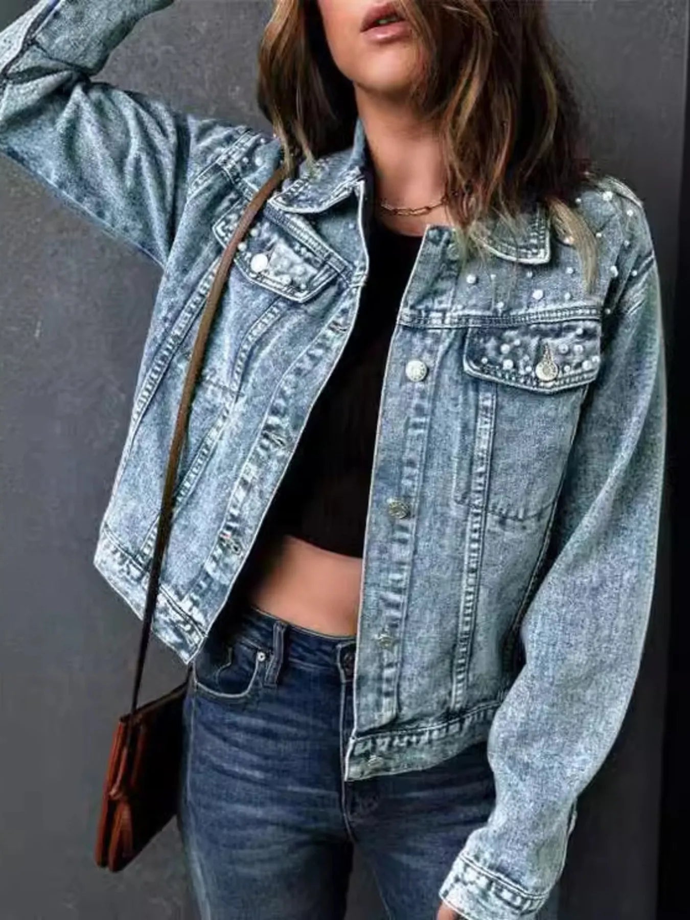 Full Size Pearl Detail Button Up Long Sleeve Denim Jacket Plus Size - cas7m