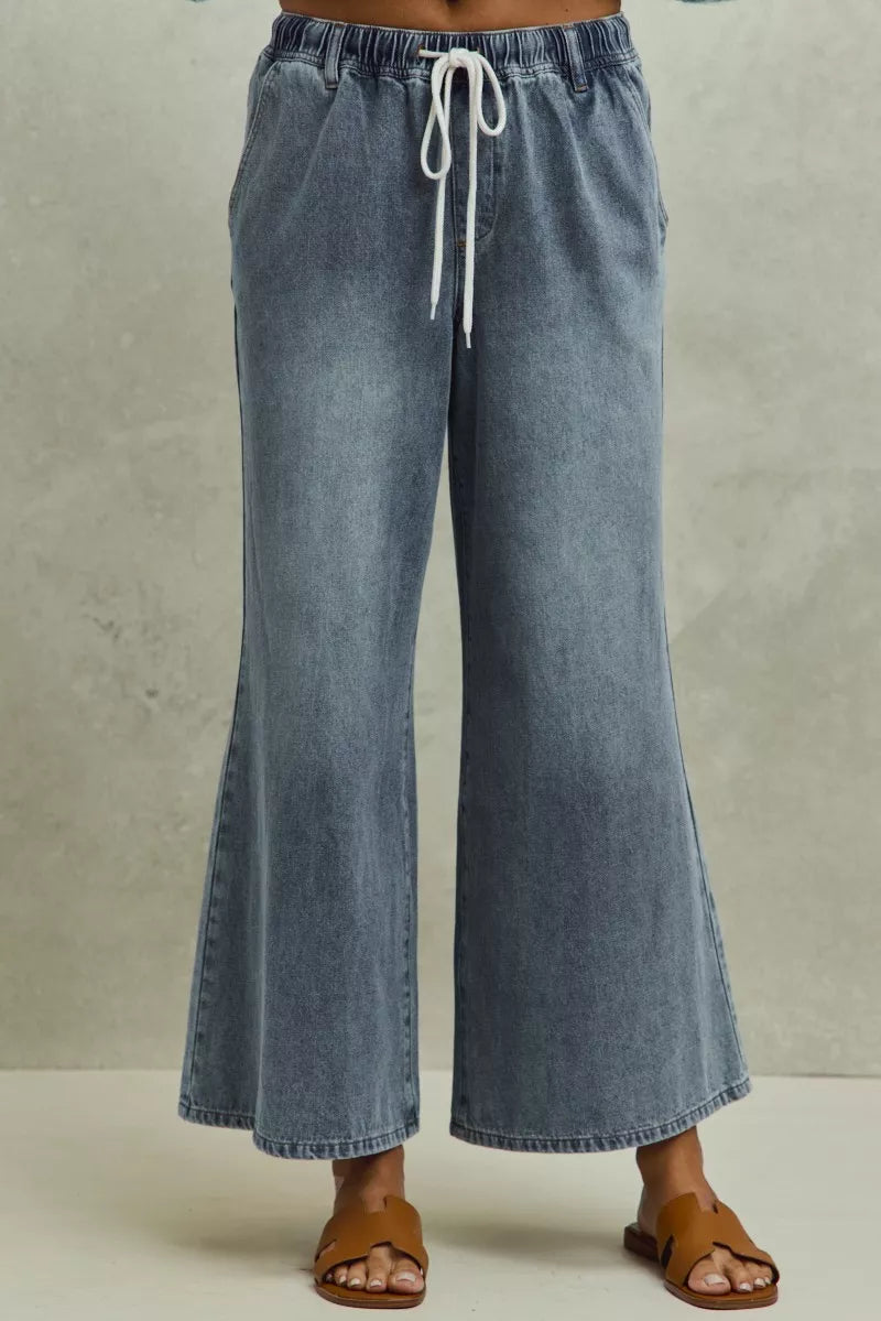 SO ME Mid Rise Elastic Waist Flare Denim Jeans - cas7m