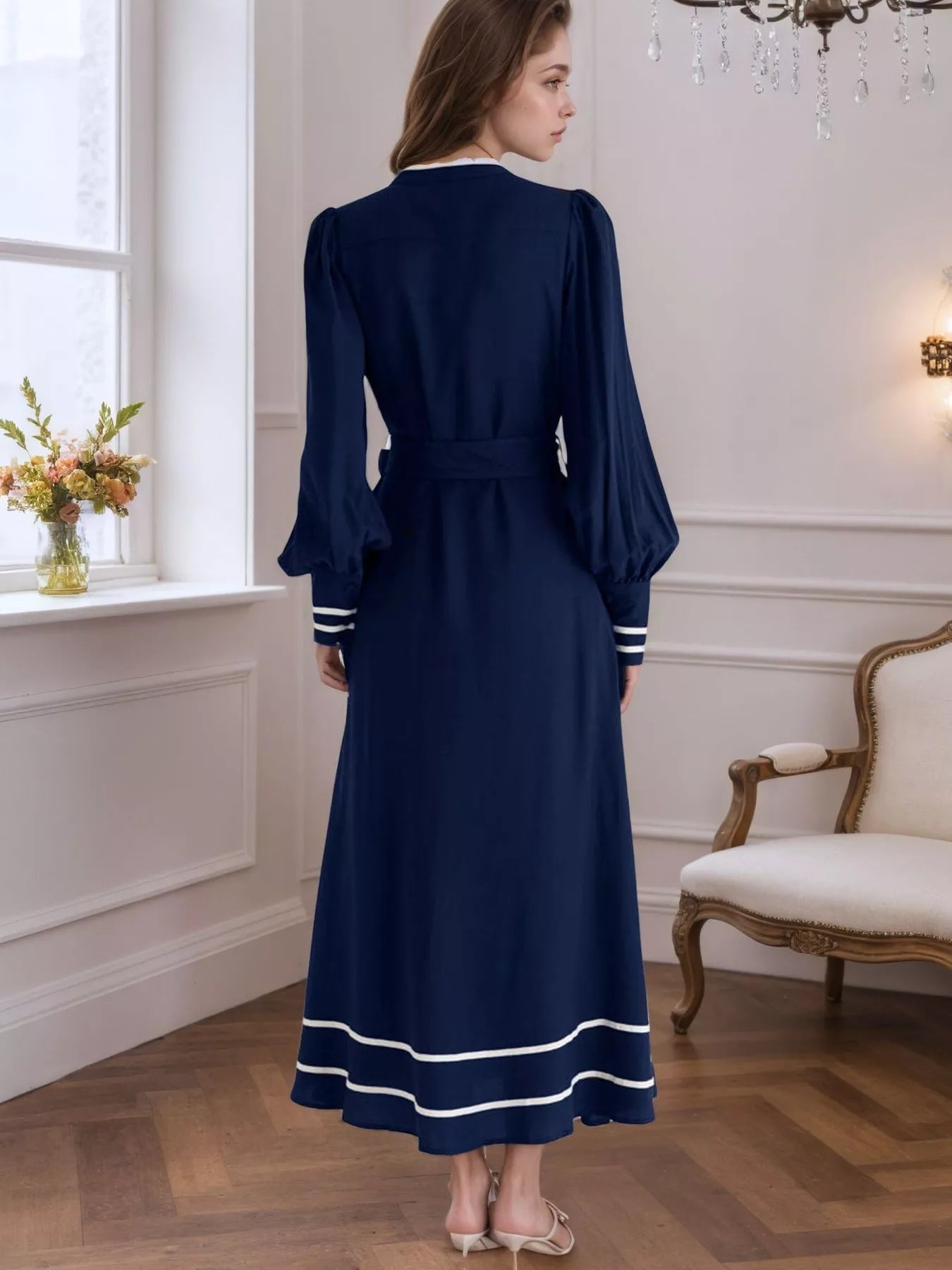 Notched Lantern Sleeve Dress - cas7m
