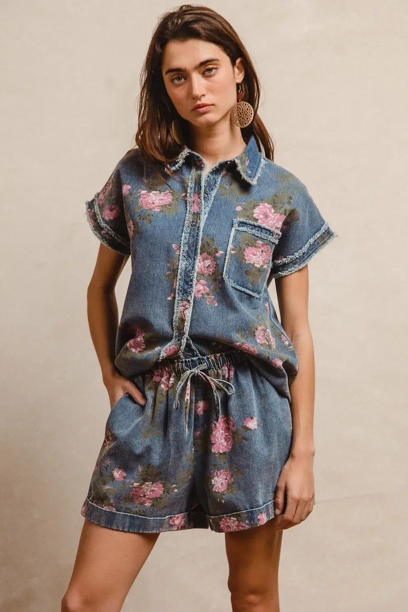 BiBi Floral Printed Denim Short Pants With Pocket - cas7m
