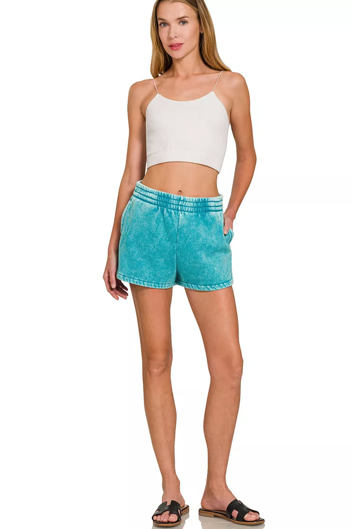 Zenana Acid Washed Elastic Waistband Dolphin Shorts - cas7m