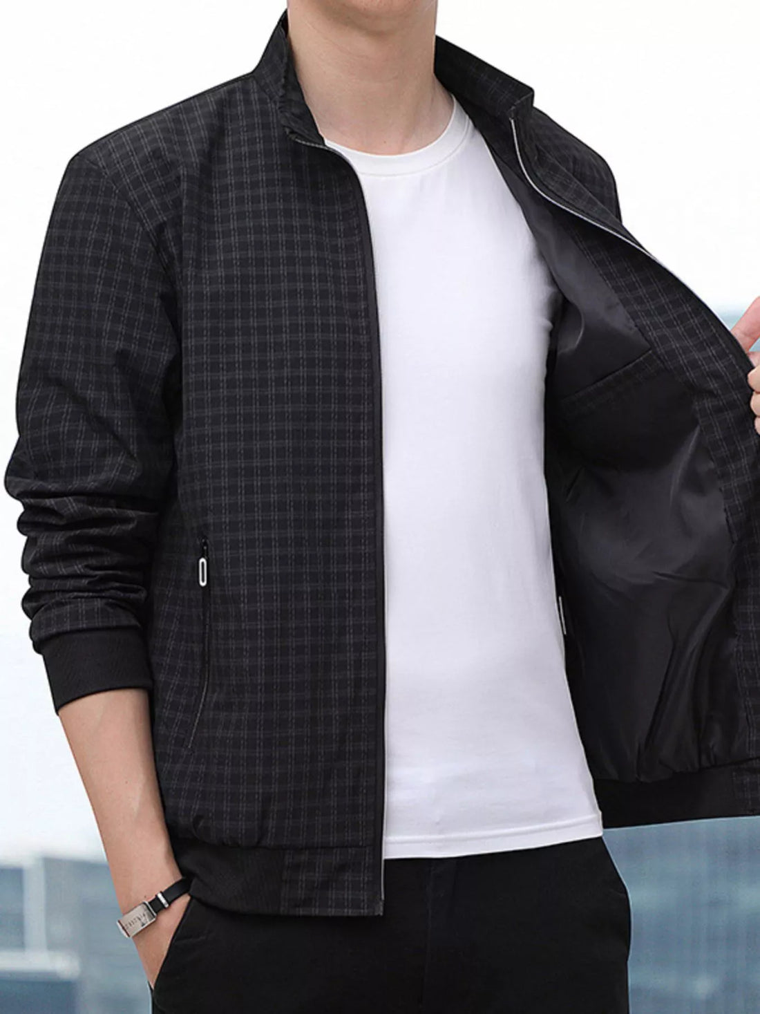 Men's Plus Size Plaid Lightweight Zip-Up Jacket - cas7m