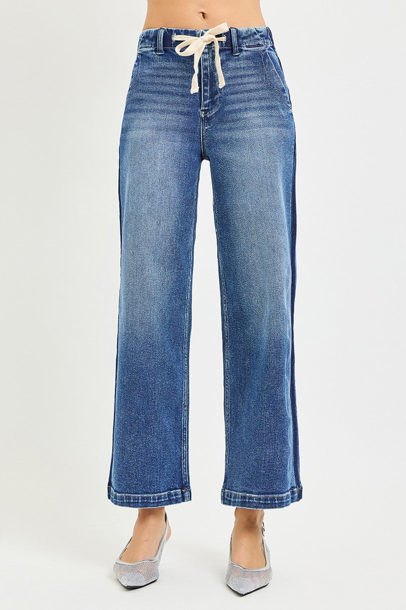 RISEN Elastic Band High Rise Cropped Wide Jeans - cas7m