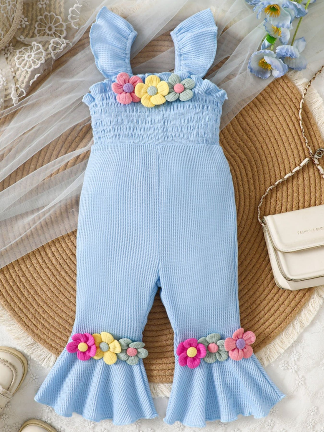 Children's Floral Decor Smocked Ruffle Hem Jumpsuit - cas7m