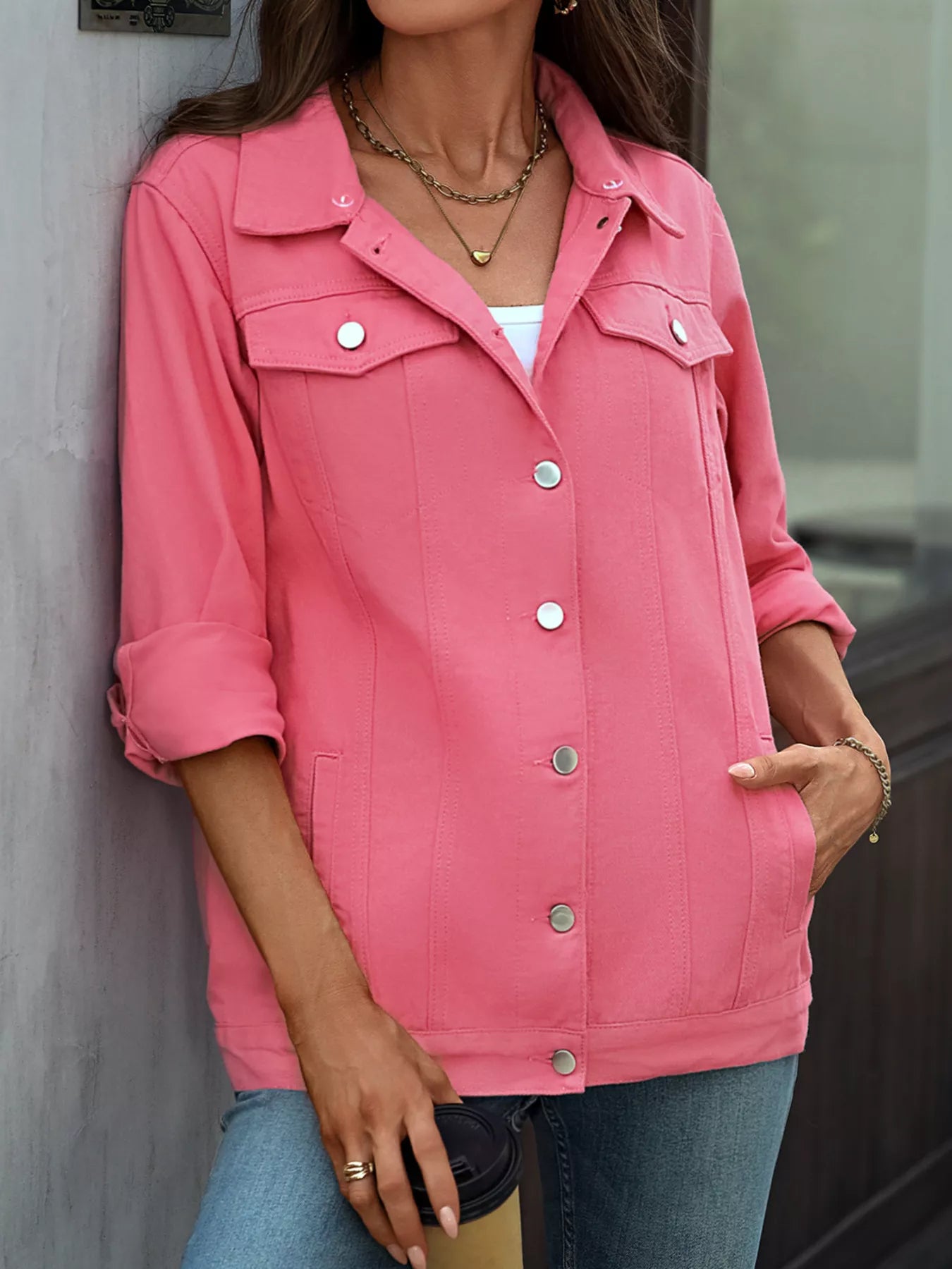 Button Up Long Sleeve Denim Jacket - cas7m