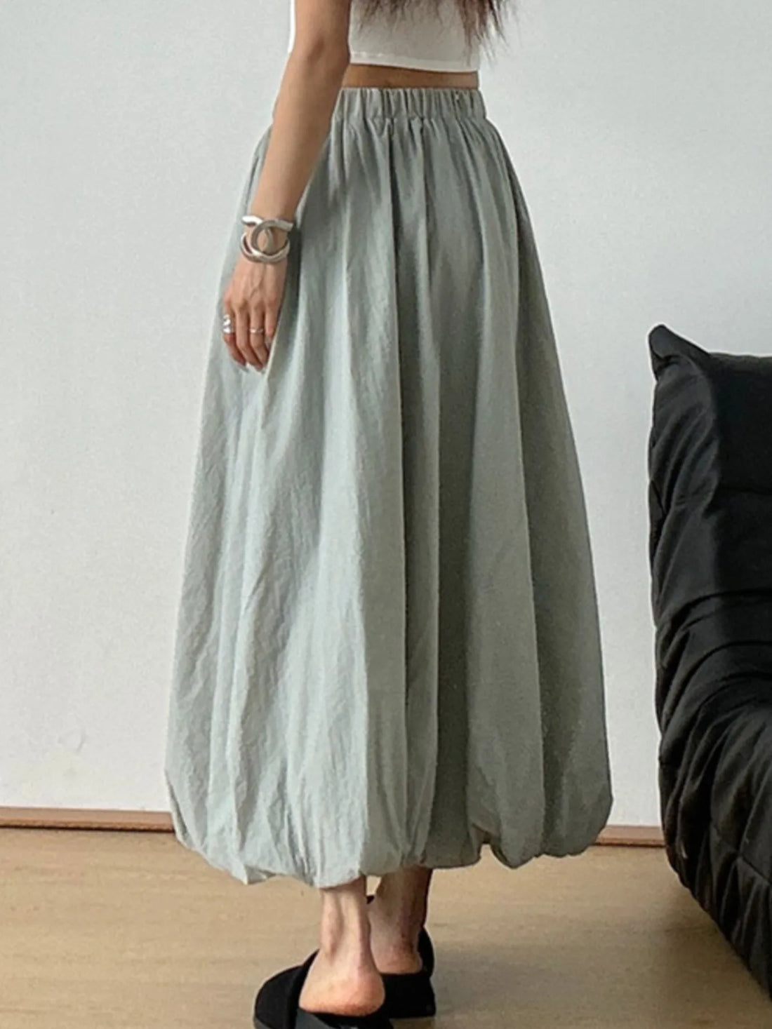 Elastic Waist Bubble Hem Maxi Skirt - cas7m