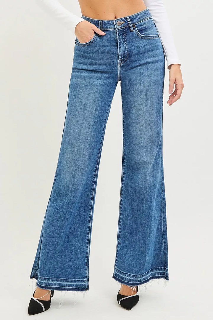 RISEN High Rise Wide Leg Jeans With Released Hem - cas7m