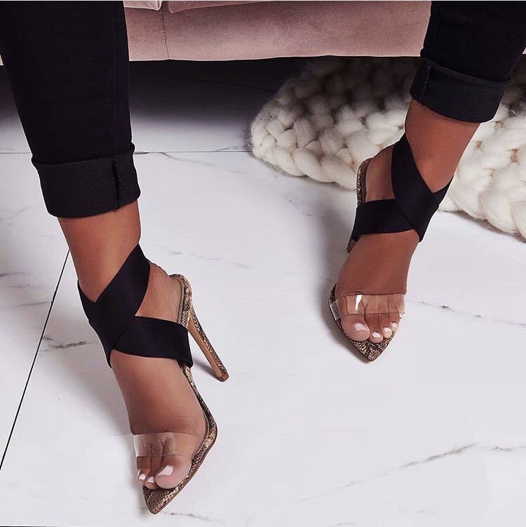 Black Snake Print Pointed Toe High Heels Sandals