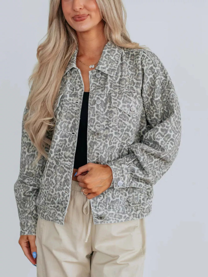 Leopard Button Up Denim Jacket - cas7m