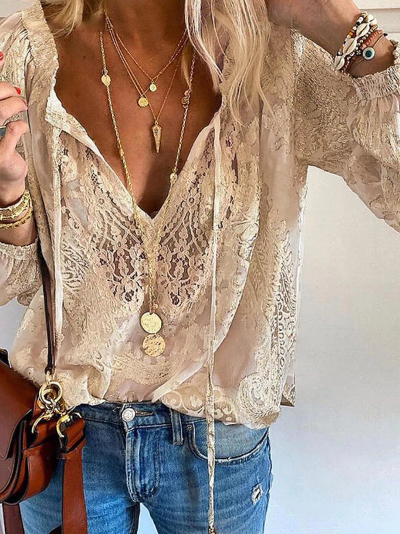 Lace Tie-Neck Blouse - cas7m
