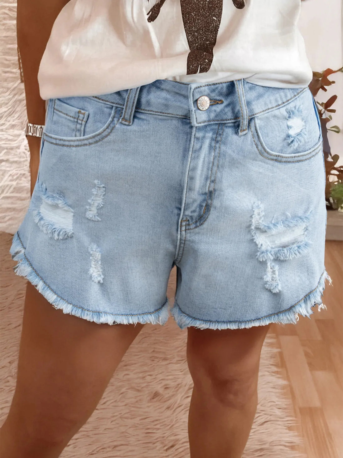 High Rise Distressed Raw Hem Denim Shorts - cas7m