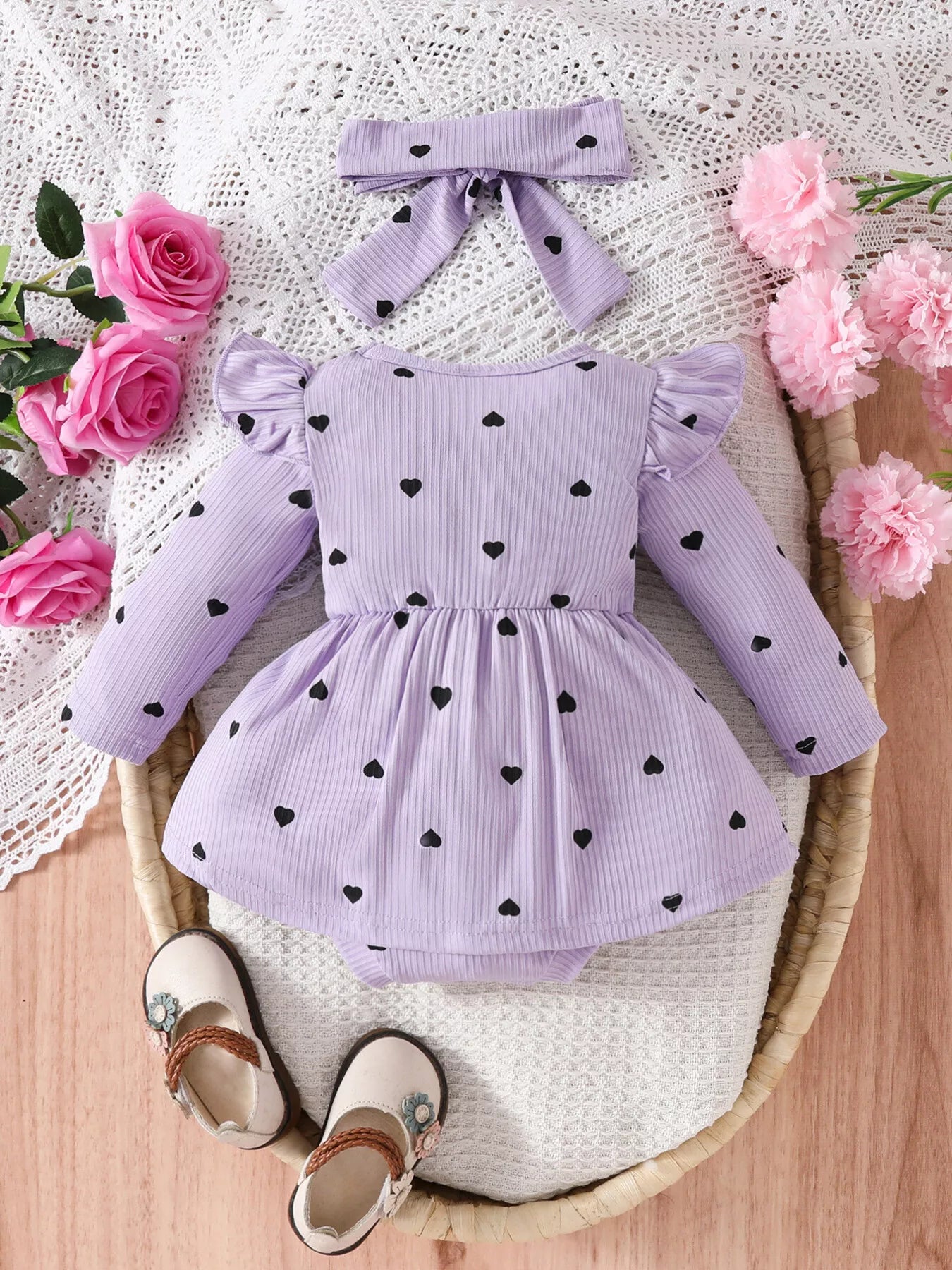 Children's Heart Print Ruffle Trim Bodysuit Dress with Headband - cas7m