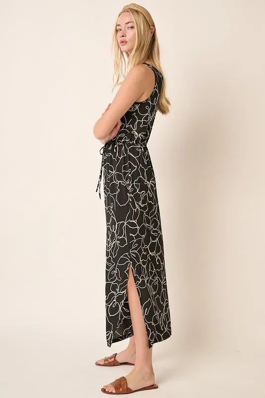 Mittoshop Side Slit Flower Print V-Neck Sleeveless Dress - cas7m