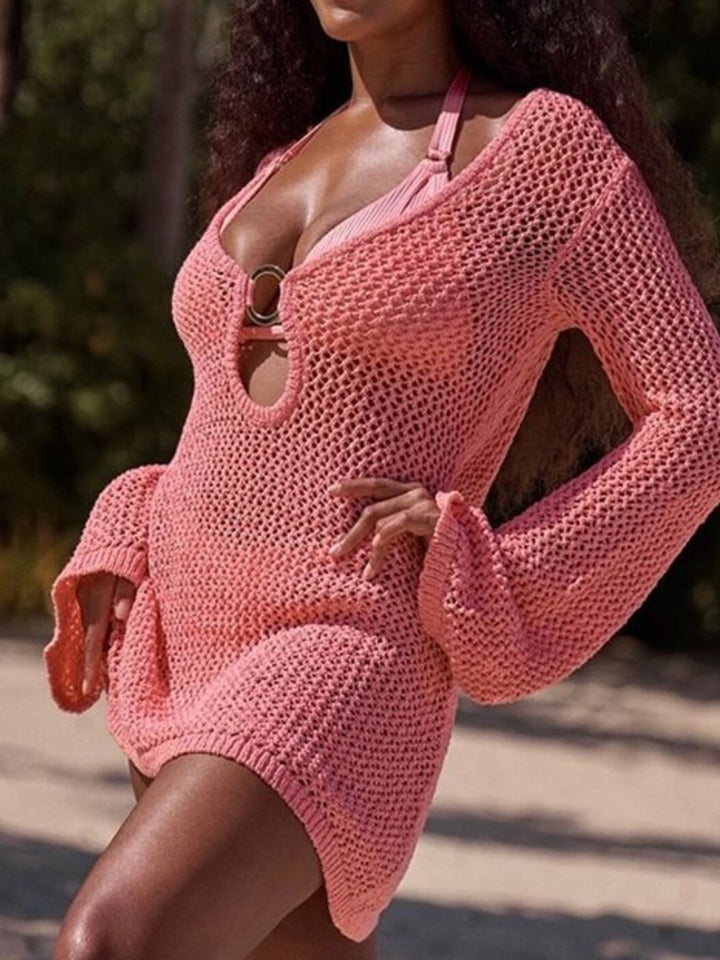 Long Sleeve Crochet Knit Cover Up Dress - cas7m