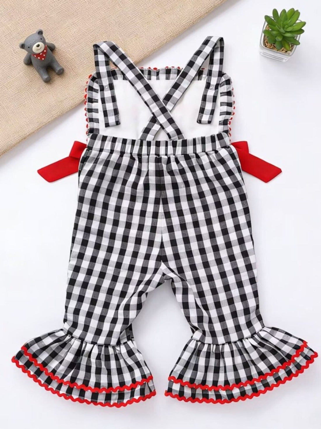 Children's Gingham Soccer Ball Embroidered Ruffle Hem Jumpsuit - cas7m