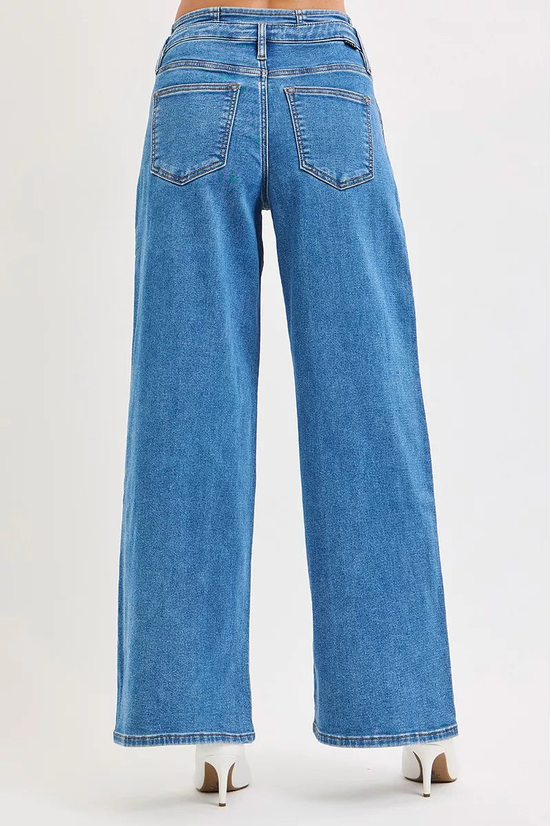 RISEN Full Size Mid Rise Fit Wide Leg with Pleated Detail Jeans Plus Size - cas7m