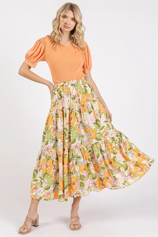 Mittoshop Flower Print Elastic Waist Tiered Skirt - cas7m