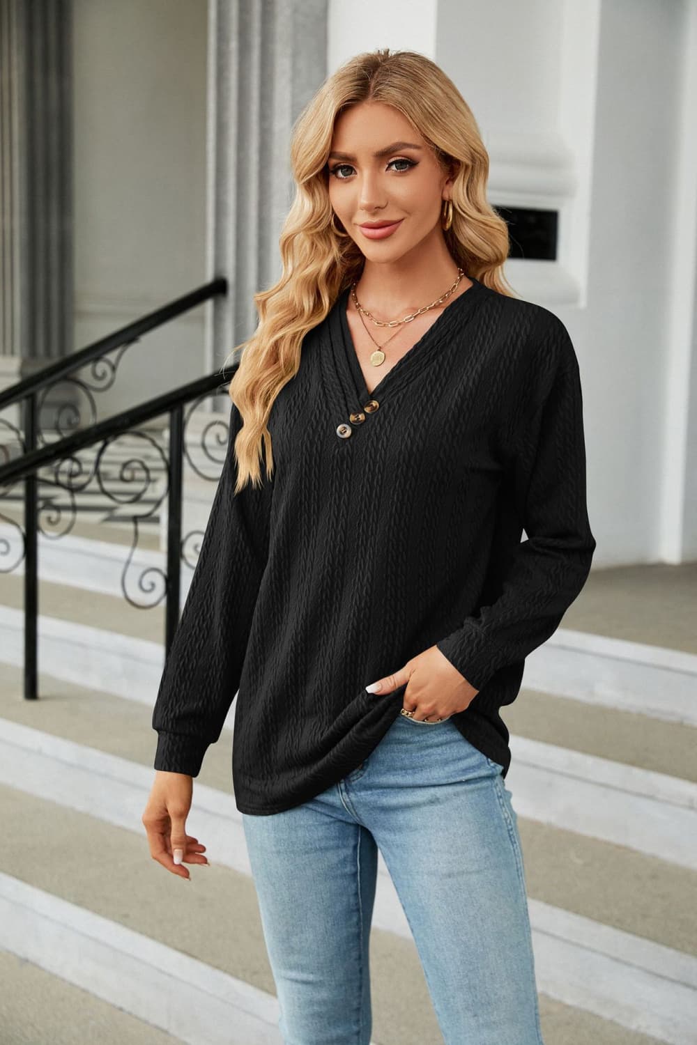 Decorative Button V-Neck Long Sleeve T-Shirt - cas7m
