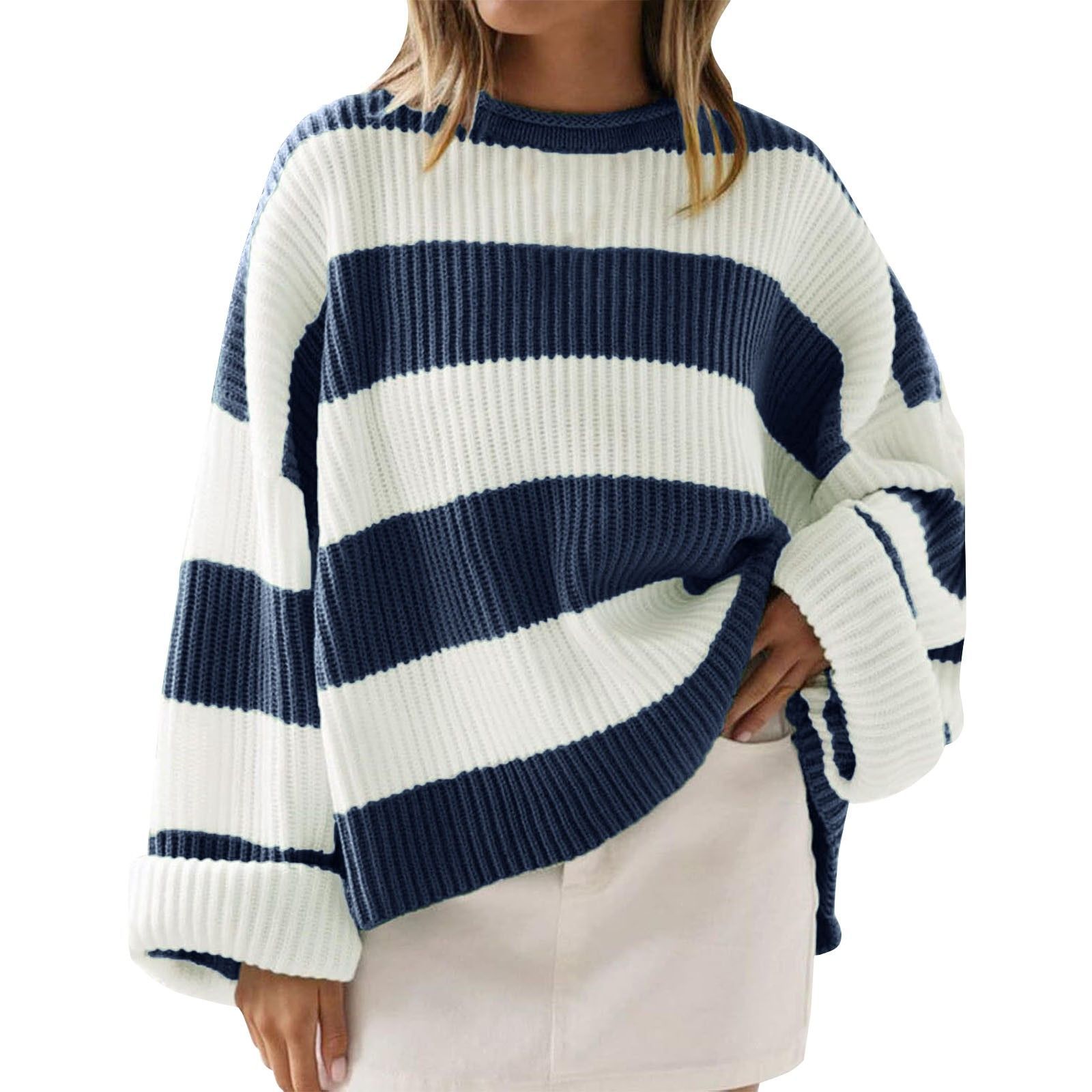 Loose Striped Sweater Fashion Casual Long Batwing Sleeve Round Neck Pullover Knit Tops Women Clothing - cas7m