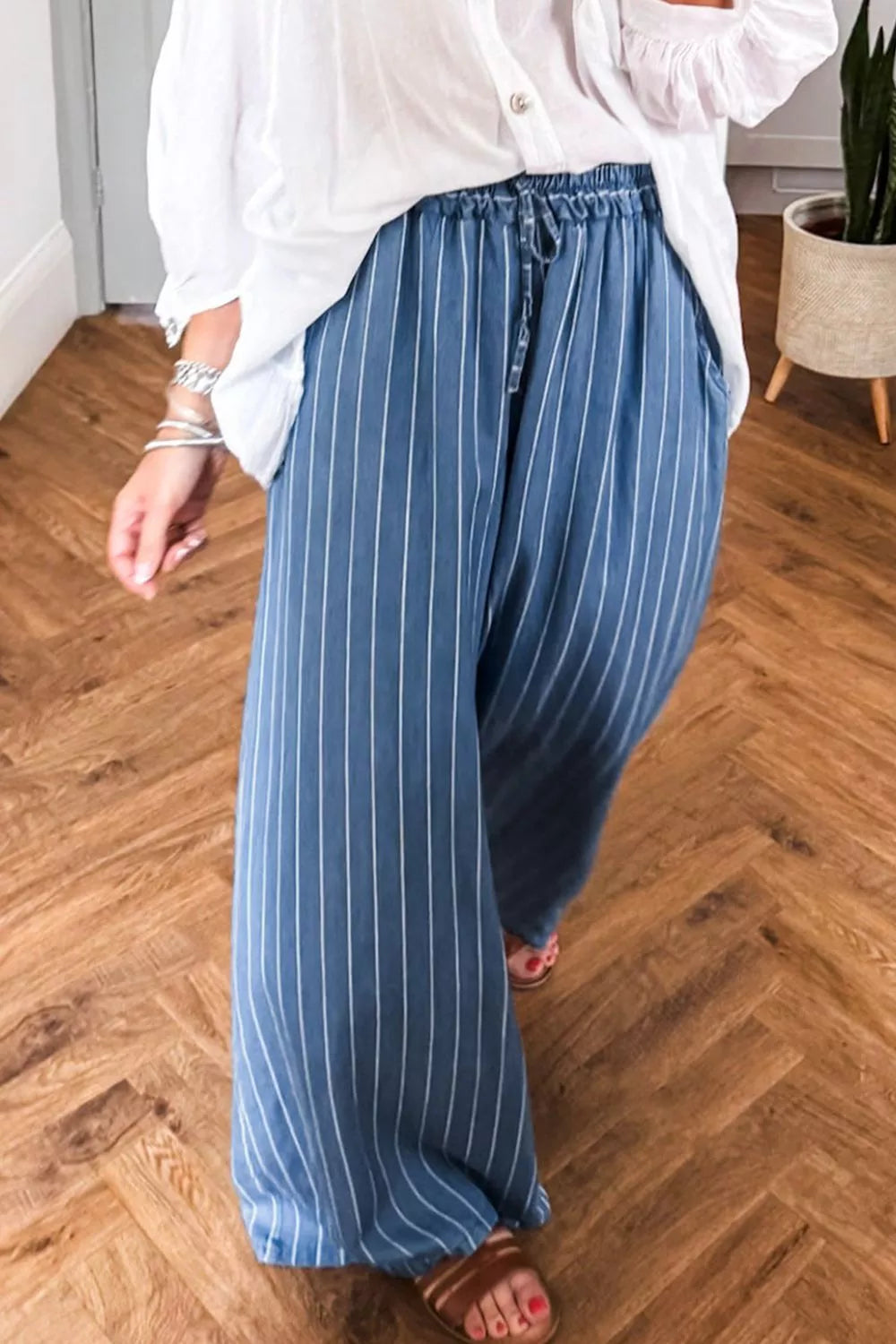 Stripe Chambray Wide Leg Tied Elastic Waist Jeans - cas7m