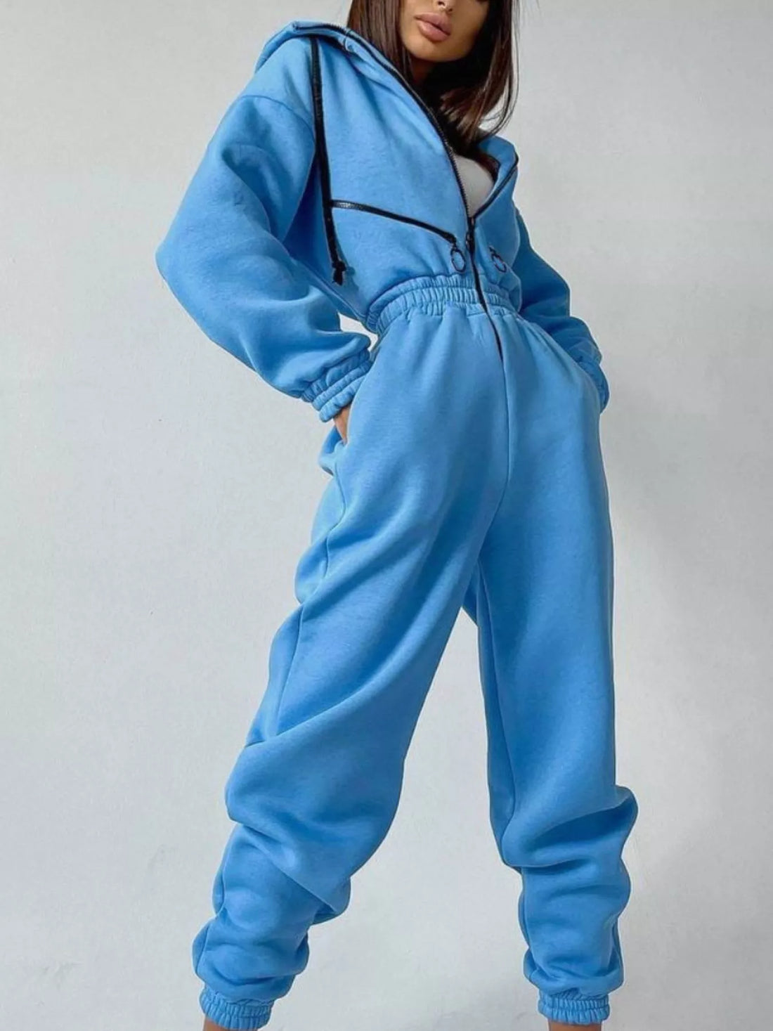 Hooded Zip-Up Long Sleeve Jumpsuit - cas7m