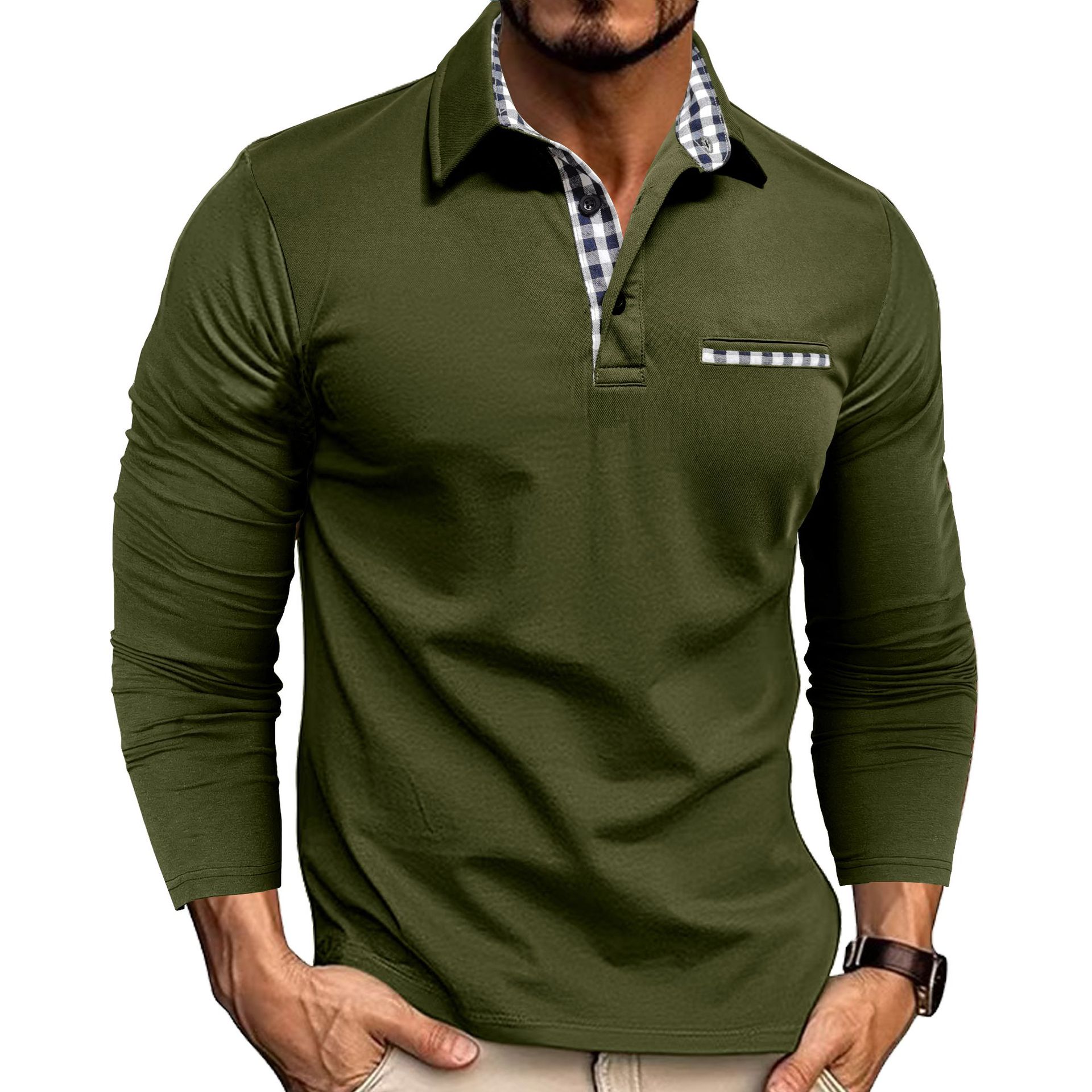 Casual Plaid Splicing Lapel Polo Shirt Fashion Solid Color Long Sleeve Top Men's Clothing - cas7m