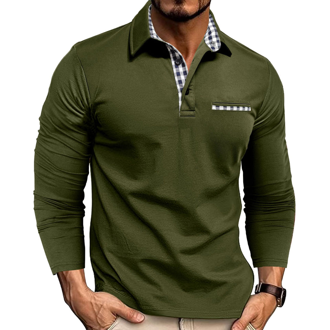 Casual Plaid Splicing Lapel Polo Shirt Fashion Solid Color Long Sleeve Top Men's Clothing - cas7m