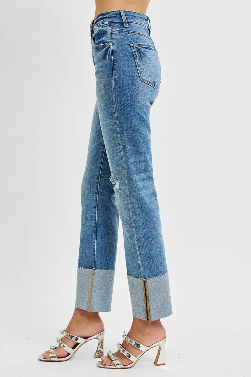 RISEN Full Size High Rise Ankle Straight Wide Cuffed Jeans Plus Size - cas7m