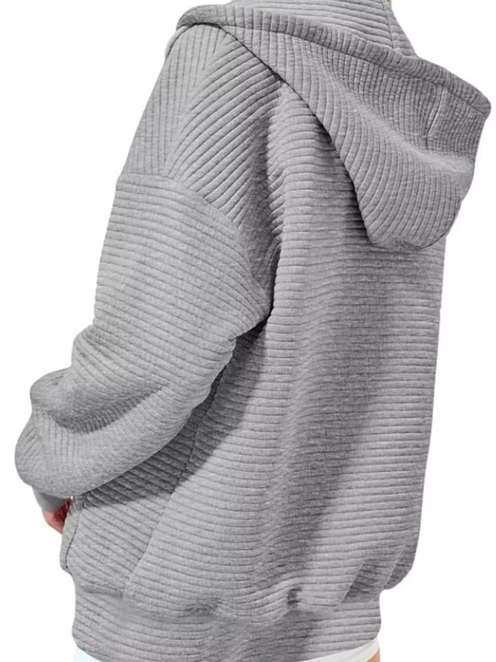 Drawstring Zip Up Dropped Shoulder Hoodie - cas7m