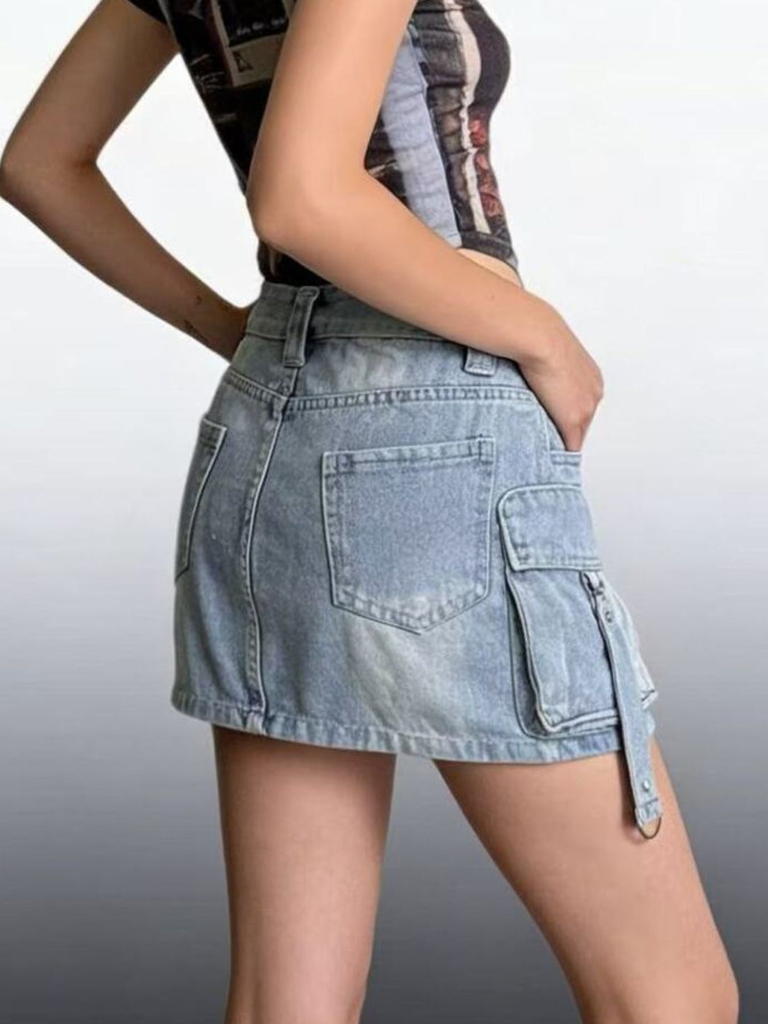 Washed Cargo Denim Skirt - cas7m