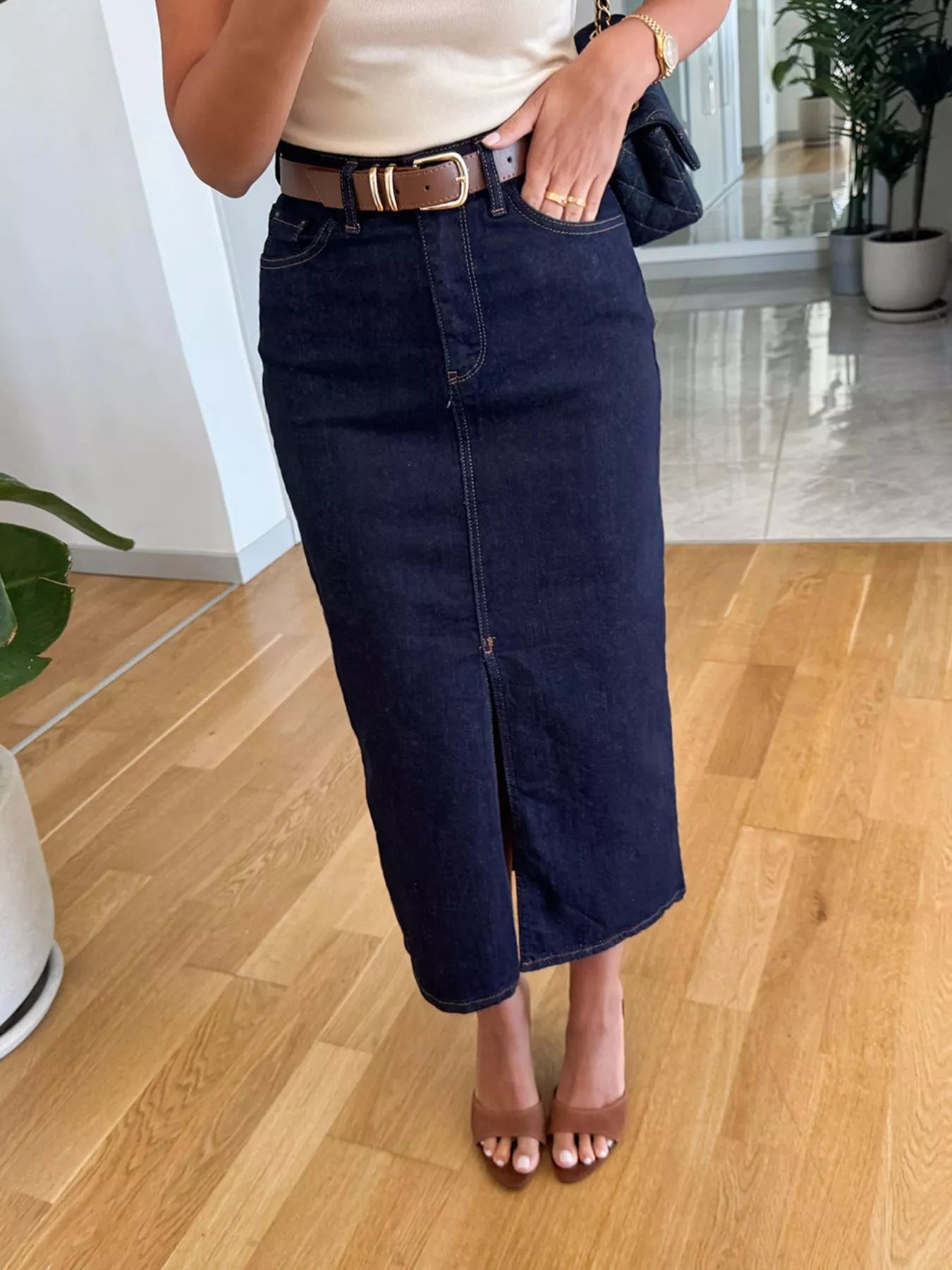Slit Front Denim Skirt - cas7m