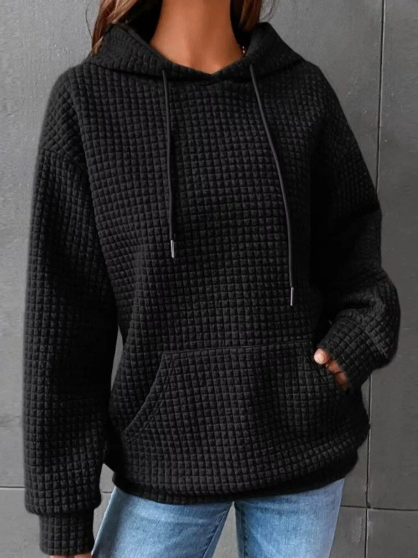 Full Size Textured Kangaroo Pocket Hoodie Plus Size - cas7m