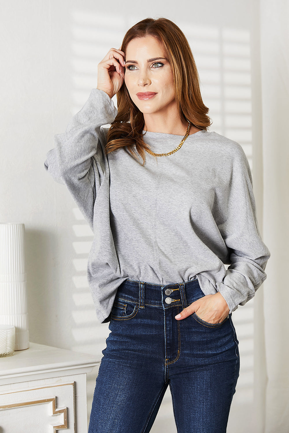 Double Take Seam Detail Round Neck Long Sleeve Top - cas7m