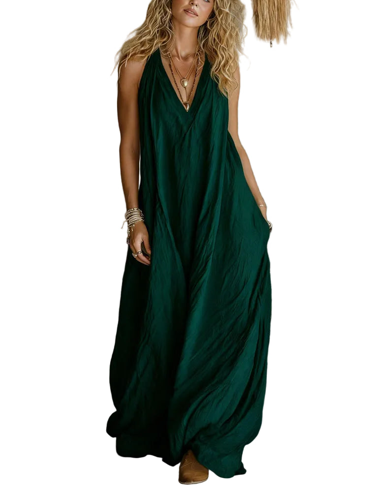 Casual Sleeveless V-Neck Loose Fit Long Dress with Pockets Summer Flowy Daily Wear - Dark Green / 2XL - cas7m