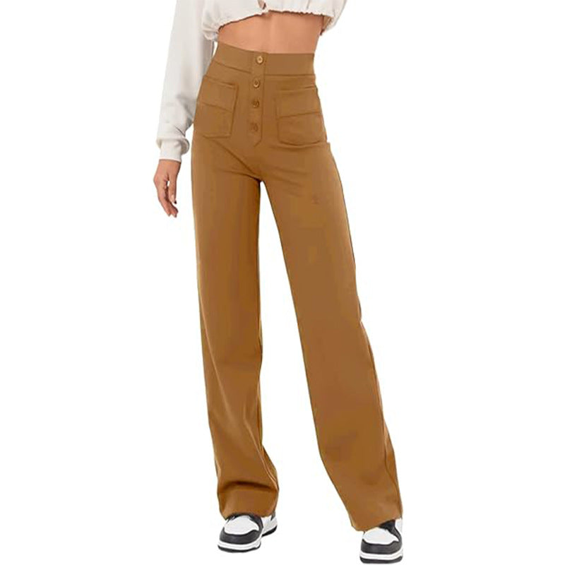High Waist Trousers With Pockets Casual Loose Wide Leg Button Straight Pants Women's Clothing - cas7m