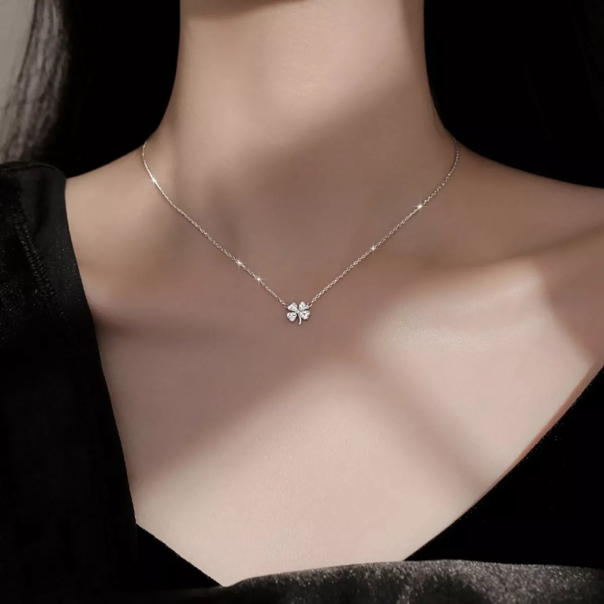 925 Sterling Silver Zircon Four Leaf Clover Necklace - cas7m