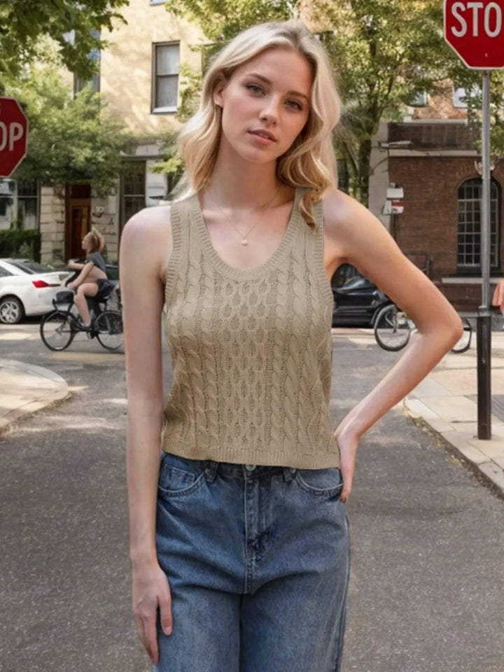 Cable-Knit V-Neck Knit Tank - cas7m