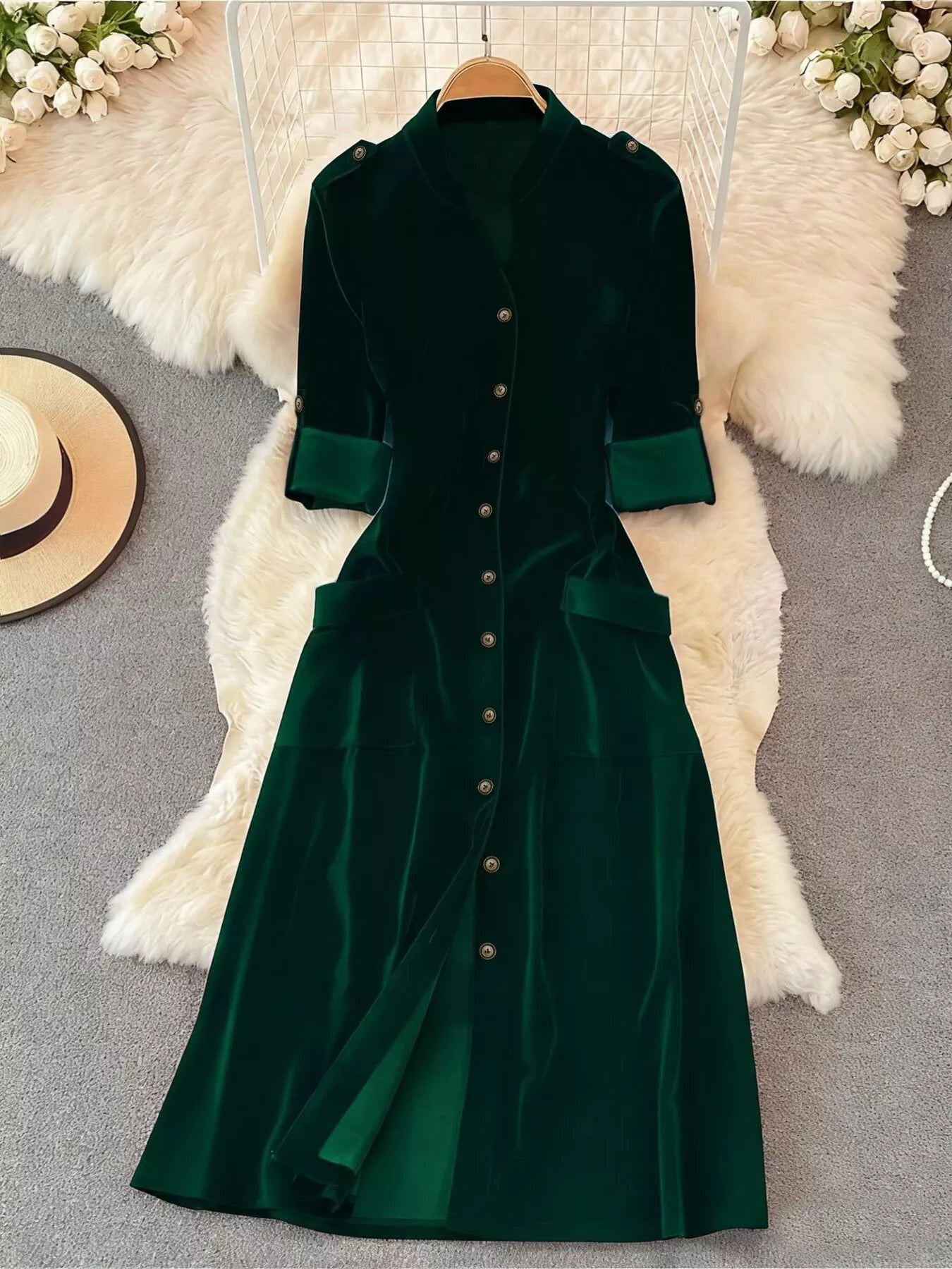 Velvet Button-Down Midi Dress - cas7m
