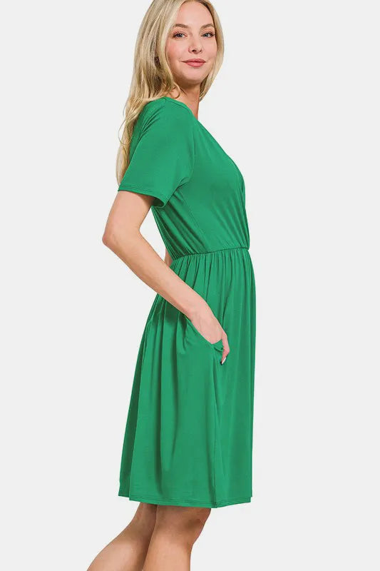 Zenana Surplice Short Sleeve Brushed DTY Dress - cas7m