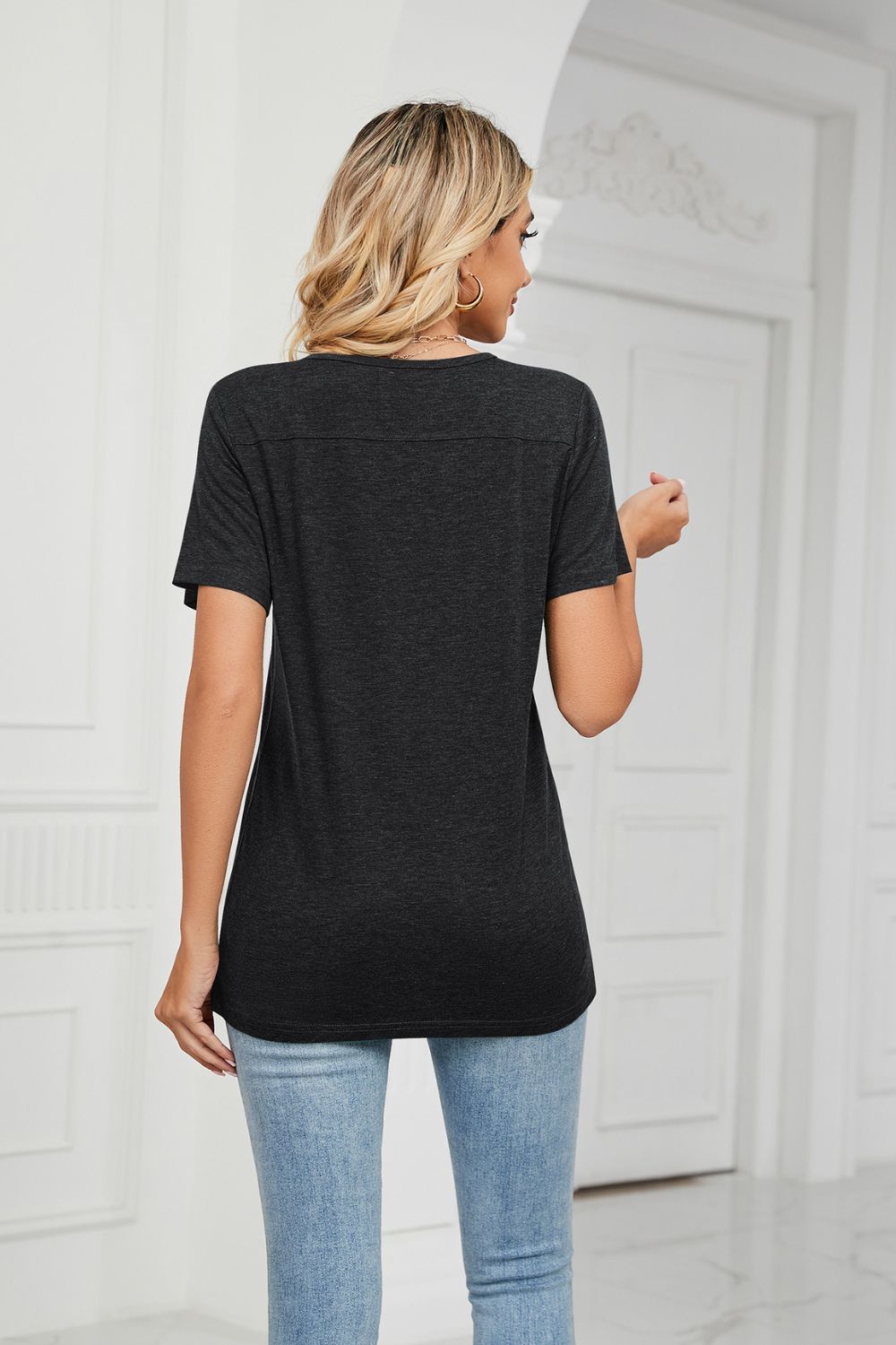 Decorative Button V-Neck T-Shirt - cas7m