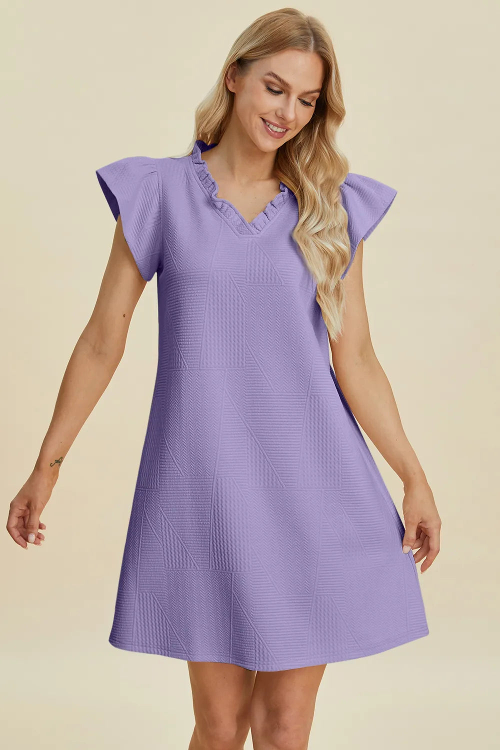 Double Take Full Size Ruffled V-Neck Cap Sleeve Dress - cas7m
