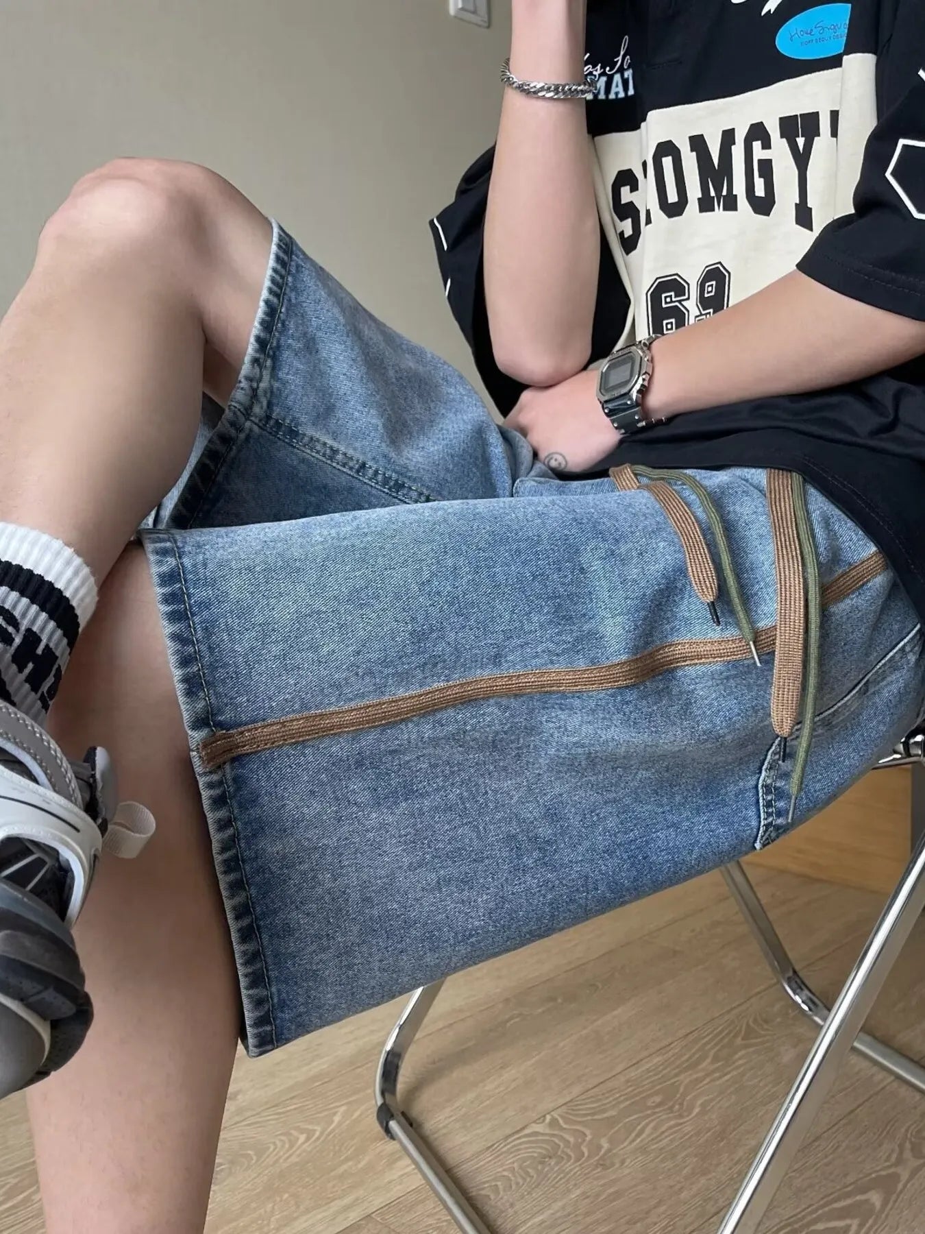 Men's Full Size Drawstring Wide-Leg Denim Shorts Plus Size - cas7m