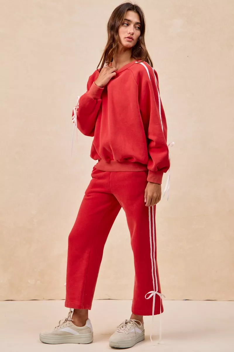 BiBi Side Lined Bow Details Fleece Sweatpants - cas7m