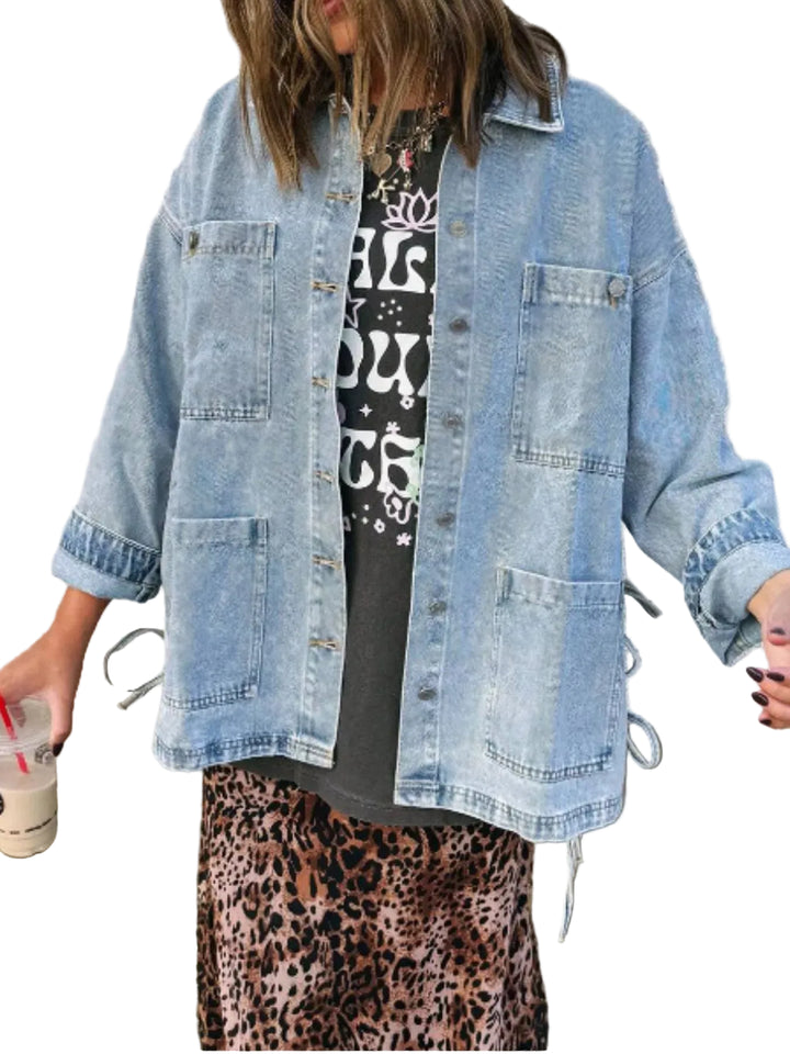 Patched Pockets Side Tie Denim Jacket - cas7m